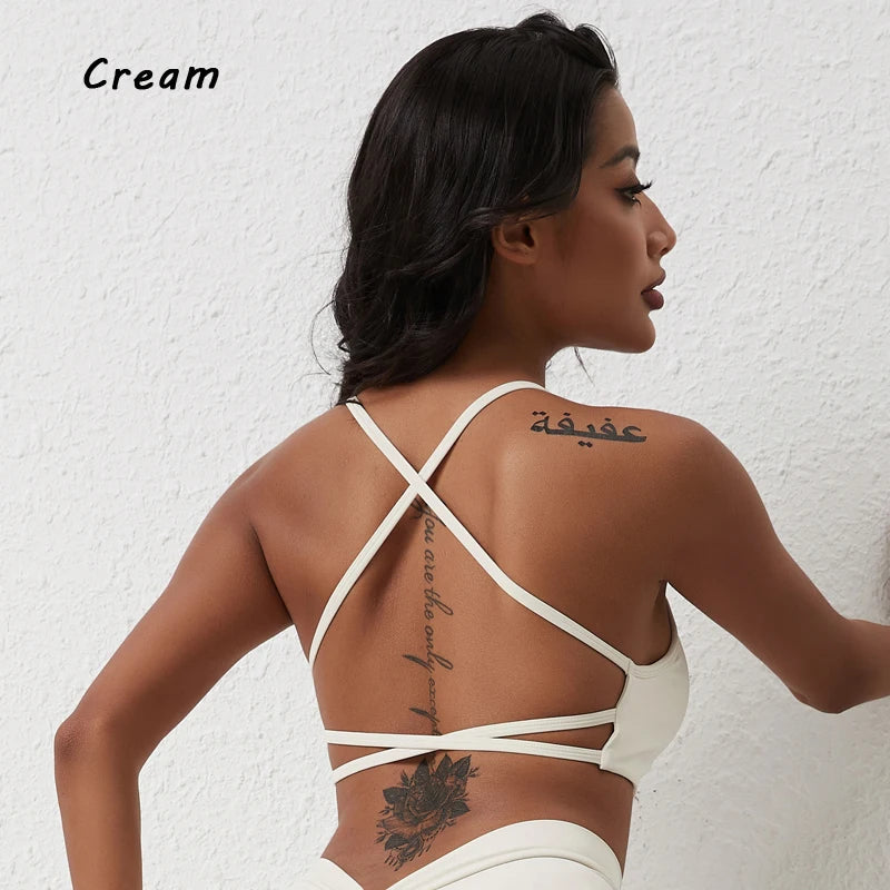 QINACTIVE Solid Low Impact Fitness Yoga Bra Crop Tank Top Women Sexy Back Cross Padded Sports Bra Workout Tops Plus Size