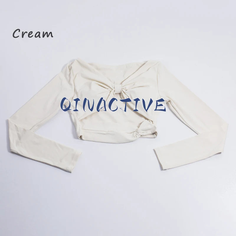 QINACTIVE Women's Nylon Top Yoga long sleeved T-shirt detachable chest cushion tight pleated sports top waist tight yoga top