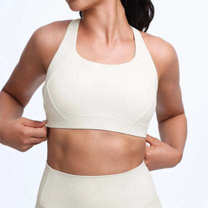 QINACTIVE Wide shoulder strap cross back sports bra, tight yoga vest, shock-absorbing Pilates running outdoor bra