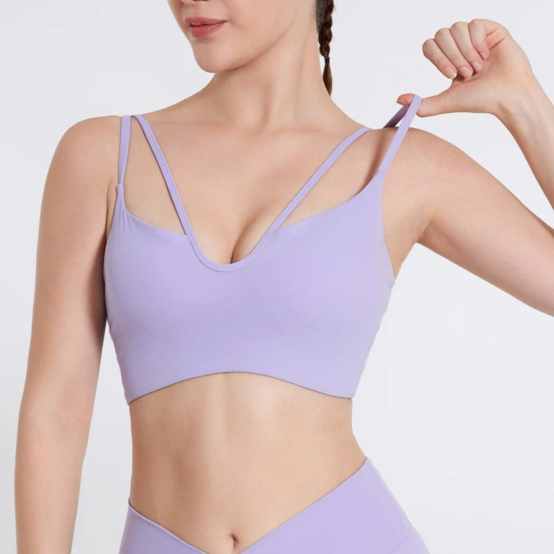 QINACTIVE Double Strap Yoga Tank Top with Chest Mat Women's Sports Underwear Thin Strap V-neck Fitness Bra Yoga Back Beauty