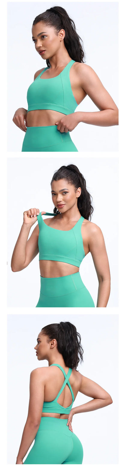 QINACTIVE Wide shoulder strap cross back sports bra, tight yoga vest, shock-absorbing Pilates running outdoor bra