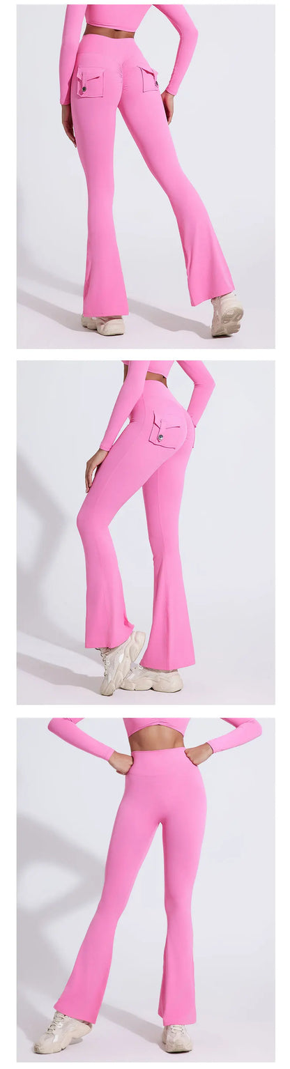 QINACTIVE Fashion Back Pocket  Flared Pants Women Tight-Fit Sexy Slim High Waist Pants Push Up Sport Fitness Flare Leggings