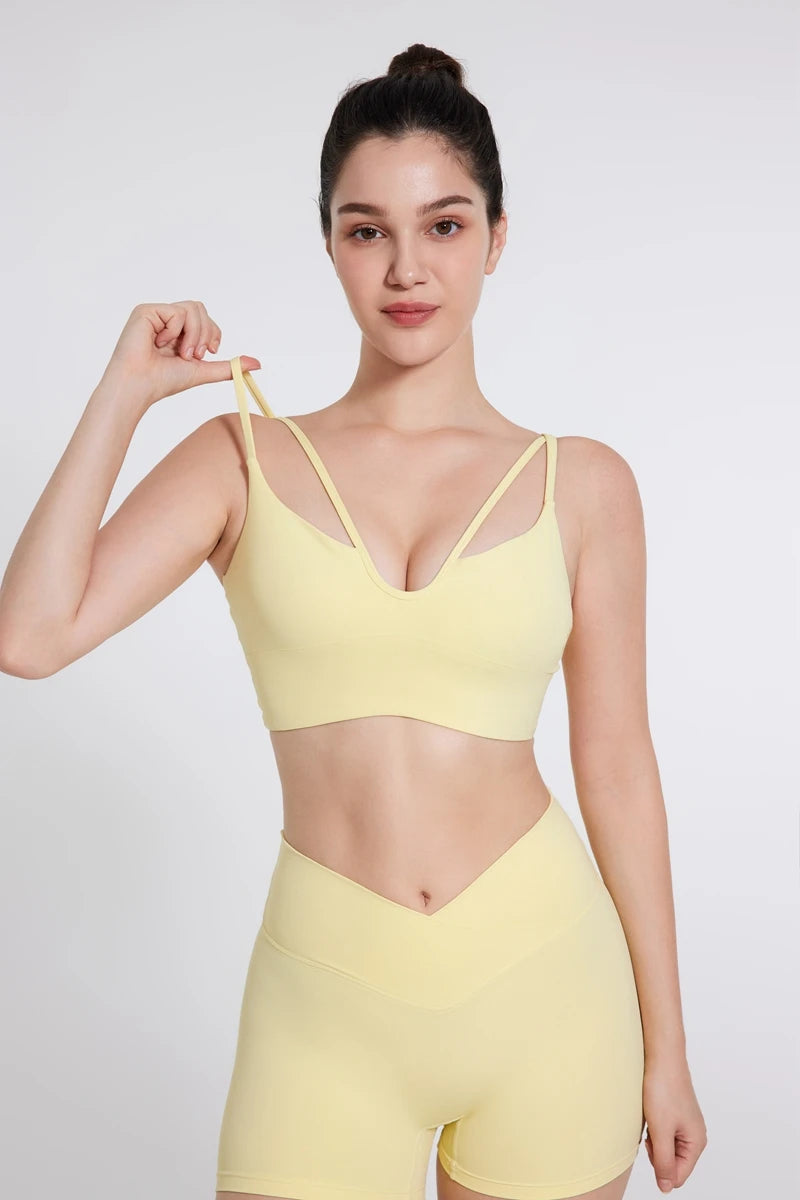 QINACTIVE Double Strap Yoga Tank Top with Chest Mat Women's Sports Underwear Thin Strap V-neck Fitness Bra Yoga Back Beauty