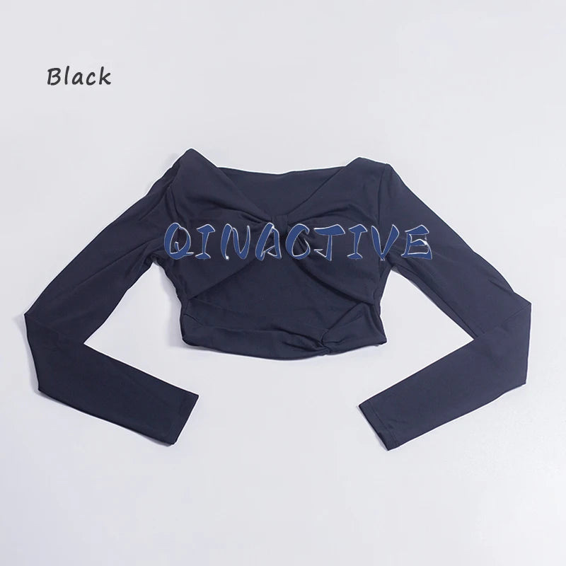 QINACTIVE Women's Nylon Top Yoga long sleeved T-shirt detachable chest cushion tight pleated sports top waist tight yoga top