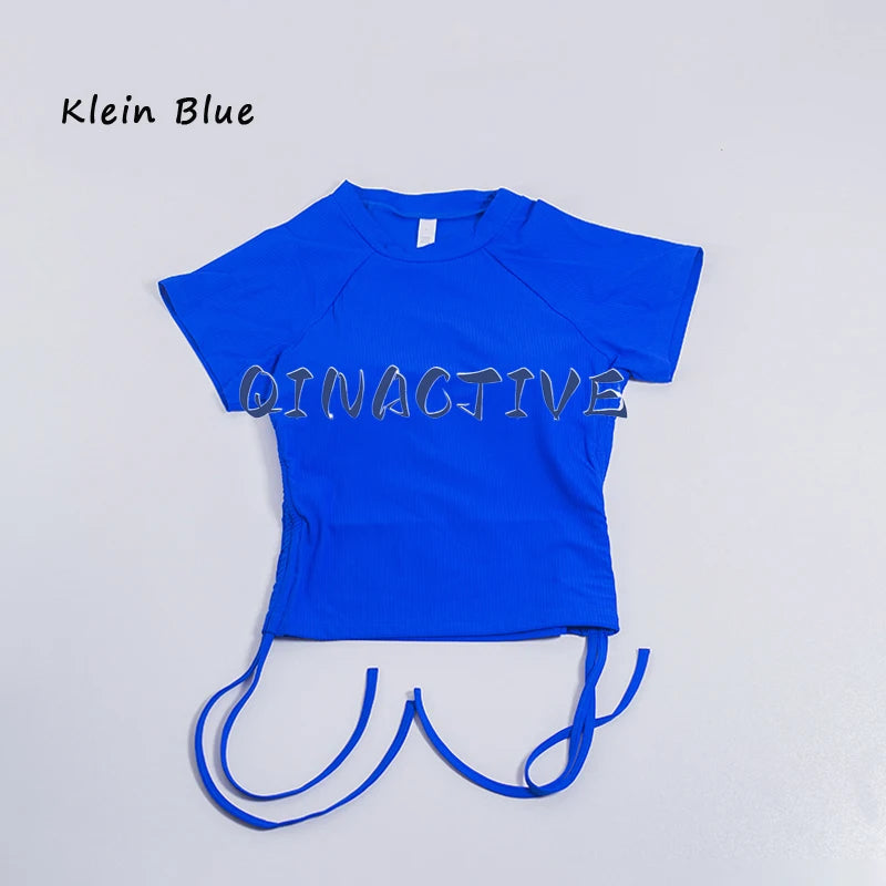 QINACTIVE Ribbed yoga short sleeved drawstring pleated yoga suit sports and fitness top women's tight yoga top