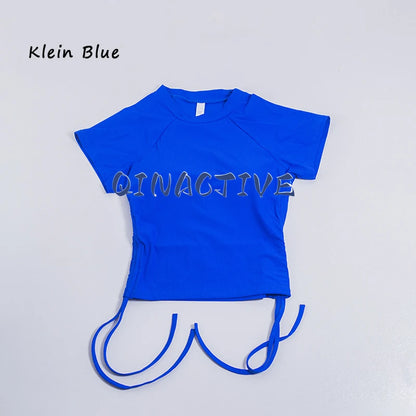 QINACTIVE Ribbed yoga short sleeved drawstring pleated yoga suit sports and fitness top women's tight yoga top