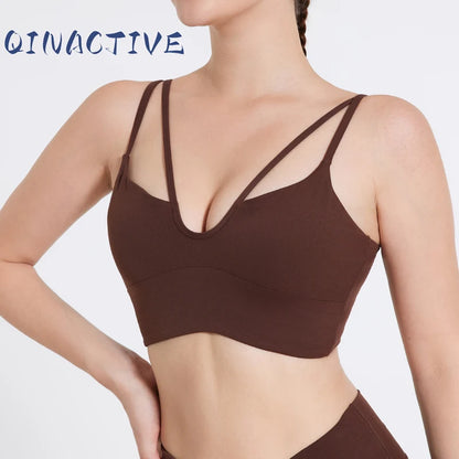 QINACTIVE Double Strap Yoga Tank Top with Chest Mat Women's Sports Underwear Thin Strap V-neck Fitness Bra Yoga Back Beauty