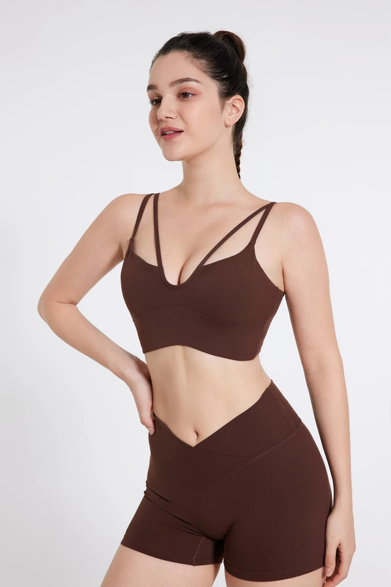 QINACTIVE Double Strap Yoga Tank Top with Chest Mat Women's Sports Underwear Thin Strap V-neck Fitness Bra Yoga Back Beauty