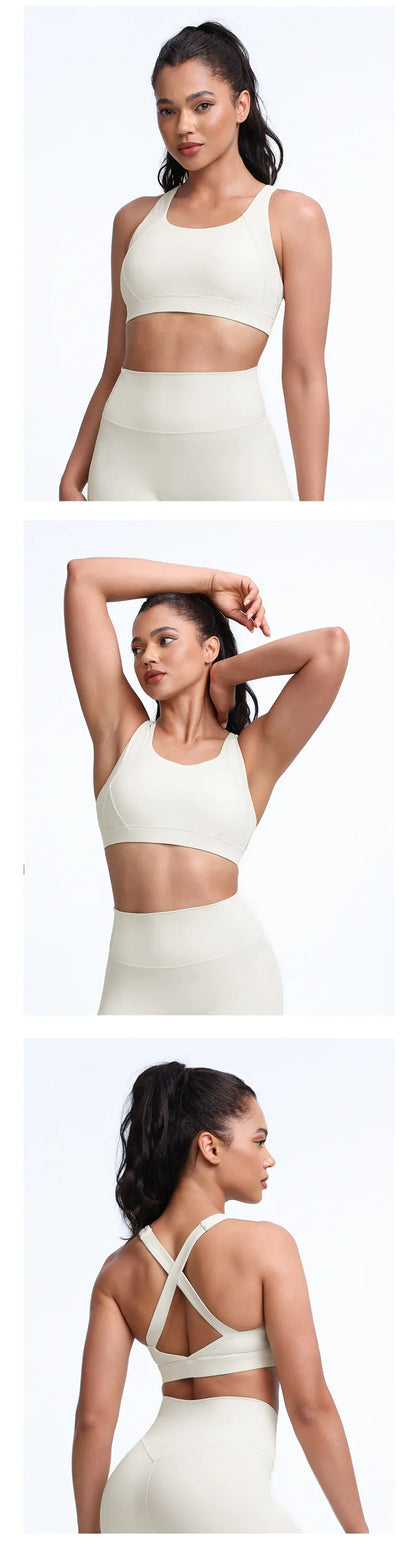 QINACTIVE Wide shoulder strap cross back sports bra, tight yoga vest, shock-absorbing Pilates running outdoor bra