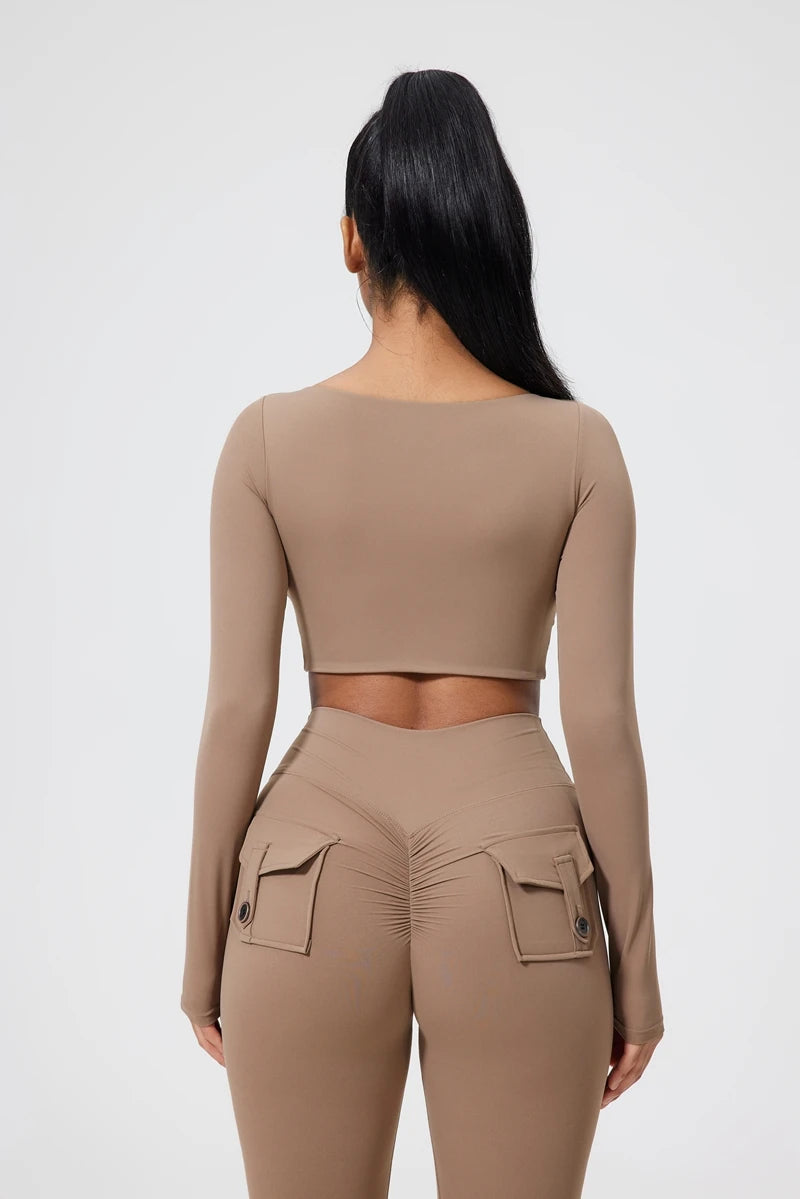 QINACTIVE Women's Nylon Top Yoga long sleeved T-shirt detachable chest cushion tight pleated sports top waist tight yoga top