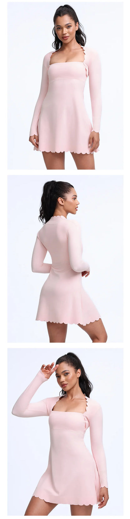 QINACTIVE Women's Shell Lace Long Sleeved Wavy Lace Golf Tennis Skirt Breathable Quick Drying Yoga One-Piece Jumpsuit