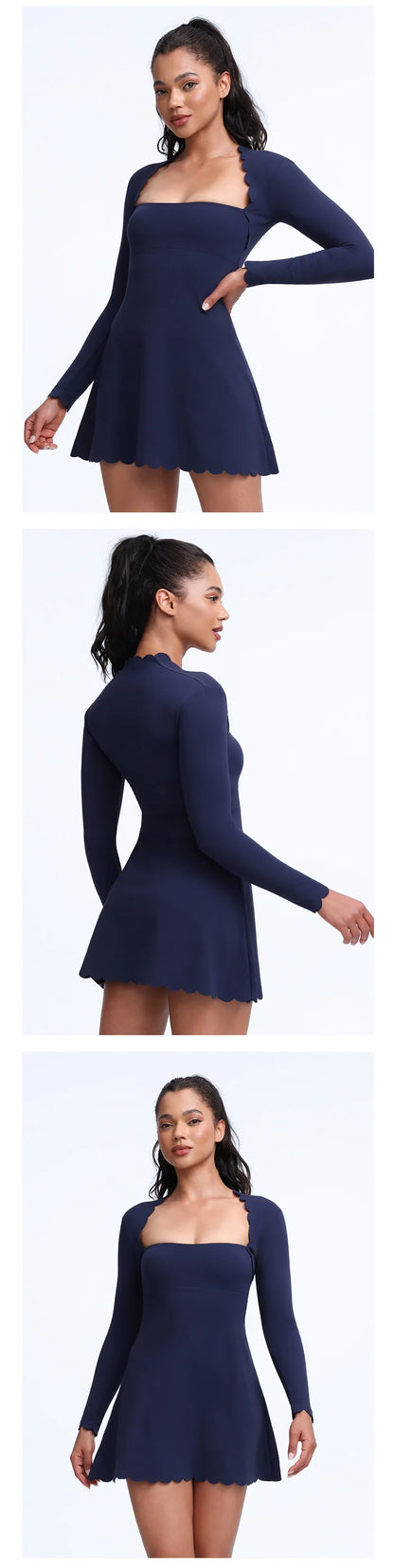 QINACTIVE Women's Shell Lace Long Sleeved Wavy Lace Golf Tennis Skirt Breathable Quick Drying Yoga One-Piece Jumpsuit