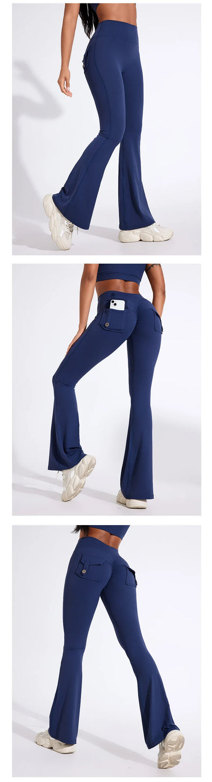 QINACTIVE Fashion Back Pocket  Flared Pants Women Tight-Fit Sexy Slim High Waist Pants Push Up Sport Fitness Flare Leggings
