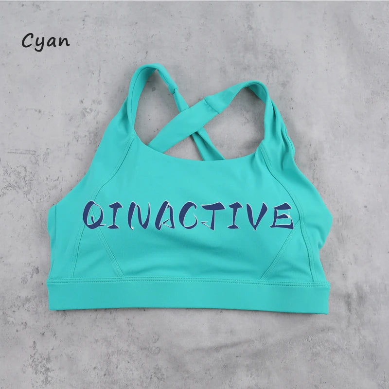 QINACTIVE Wide shoulder strap cross back sports bra, tight yoga vest, shock-absorbing Pilates running outdoor bra