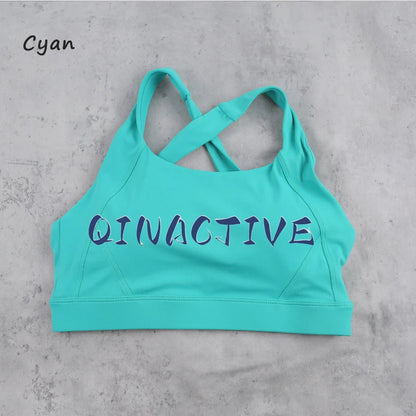 QINACTIVE Wide shoulder strap cross back sports bra, tight yoga vest, shock-absorbing Pilates running outdoor bra
