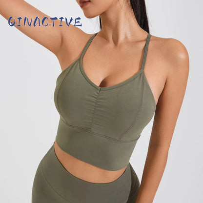 QINACTIVE New Women's pleated sports bra yoga bra shock-absorbing and beautiful back quick drying running fitness top
