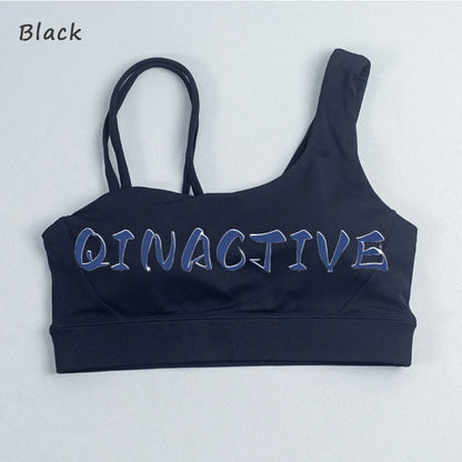 QINACTIVE Women's Sports Bra with Asymmetrical Shoulder Straps Yoga Top Removable Pads Beautiful Back Fitness Outfit Yoga Bra