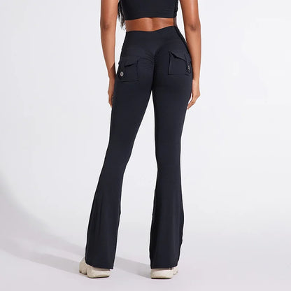 QINACTIVE Fashion Back Pocket  Flared Pants Women Tight-Fit Sexy Slim High Waist Pants Push Up Sport Fitness Flare Leggings
