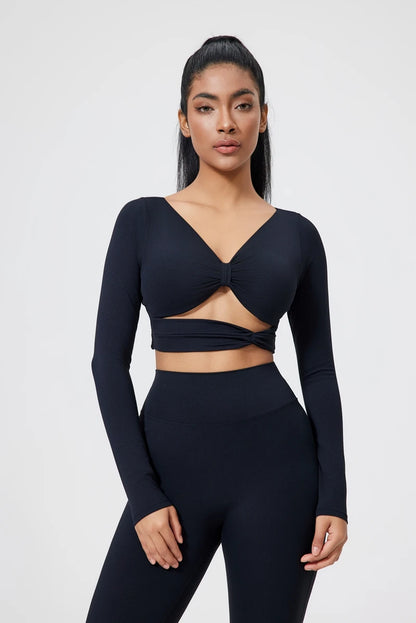 QINACTIVE Women's Nylon Top Yoga long sleeved T-shirt detachable chest cushion tight pleated sports top waist tight yoga top