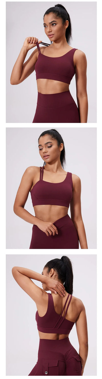 QINACTIVE Women's Sports Bra with Asymmetrical Shoulder Straps Yoga Top Removable Pads Beautiful Back Fitness Outfit Yoga Bra