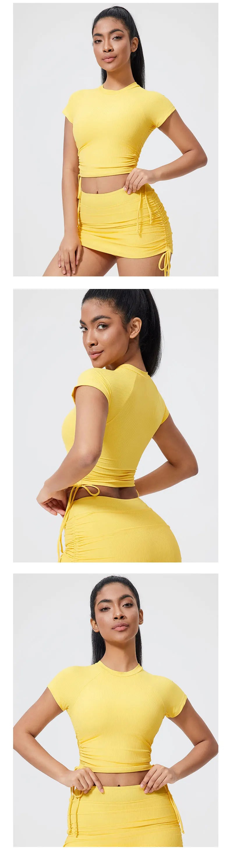 QINACTIVE Ribbed yoga short sleeved drawstring pleated yoga suit sports and fitness top women's tight yoga top