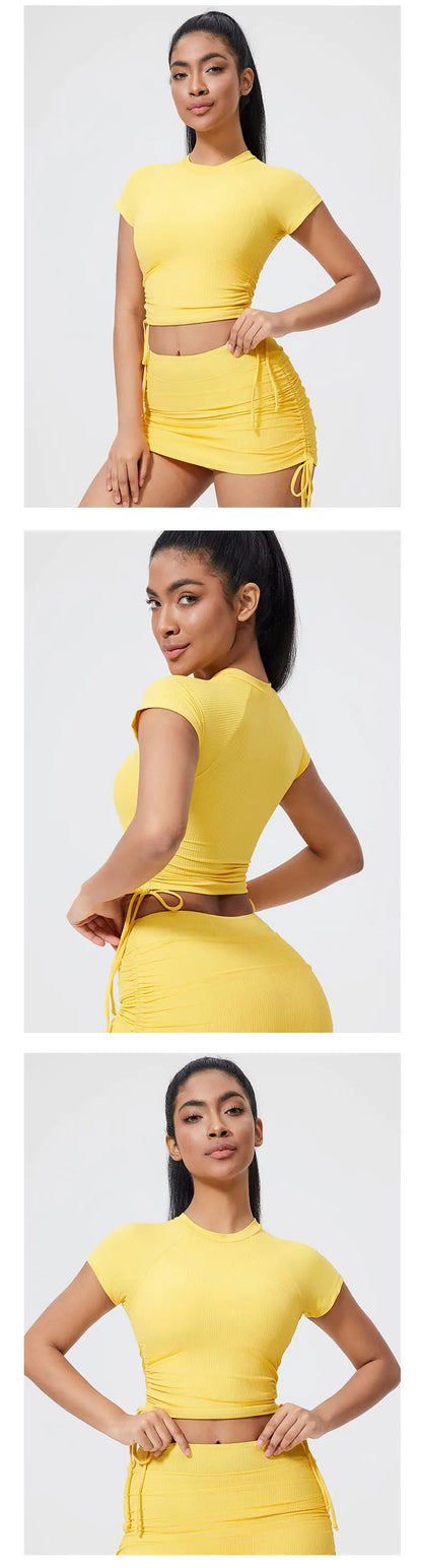 QINACTIVE Ribbed yoga short sleeved drawstring pleated yoga suit sports and fitness top women's tight yoga top