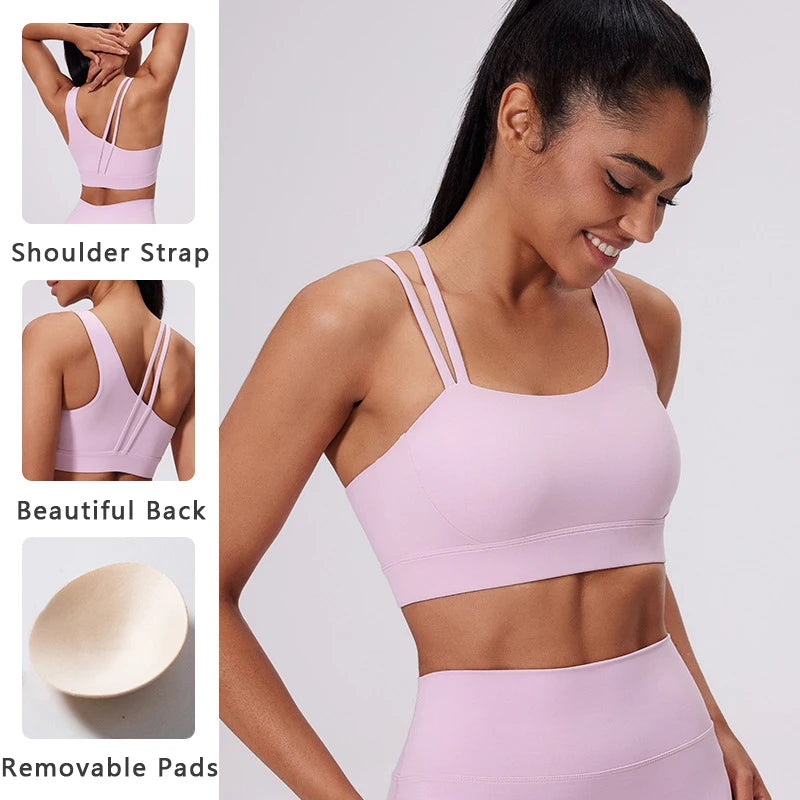 QINACTIVE Women's Sports Bra with Asymmetrical Shoulder Straps Yoga Top Removable Pads Beautiful Back Fitness Outfit Yoga Bra