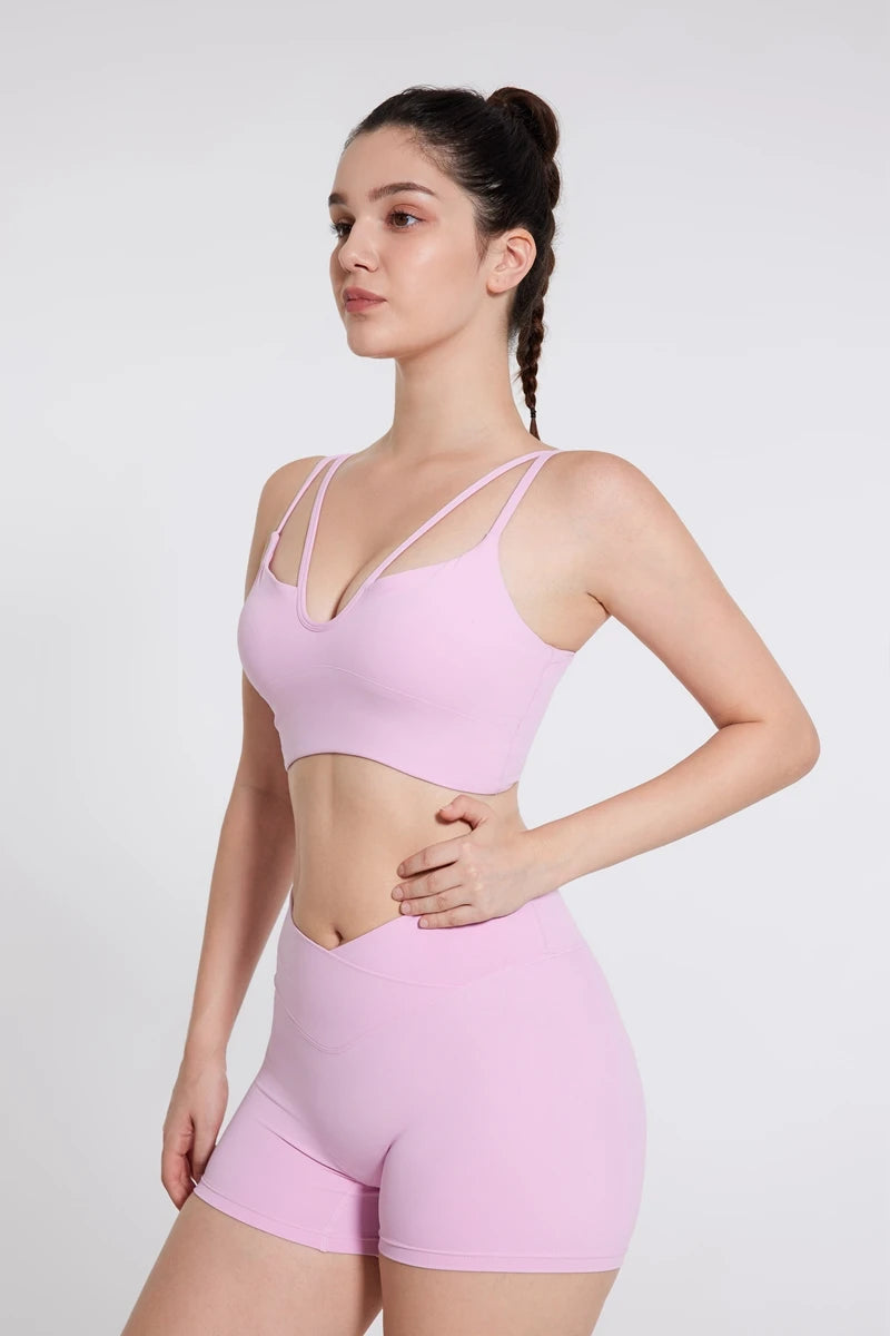QINACTIVE Double Strap Yoga Tank Top with Chest Mat Women's Sports Underwear Thin Strap V-neck Fitness Bra Yoga Back Beauty