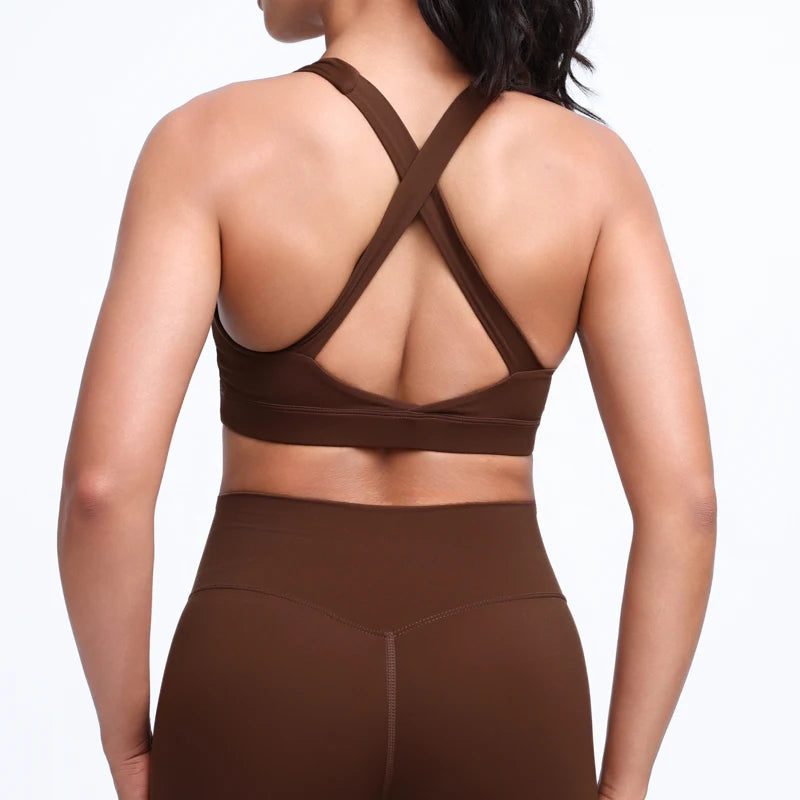 QINACTIVE Wide shoulder strap cross back sports bra, tight yoga vest, shock-absorbing Pilates running outdoor bra