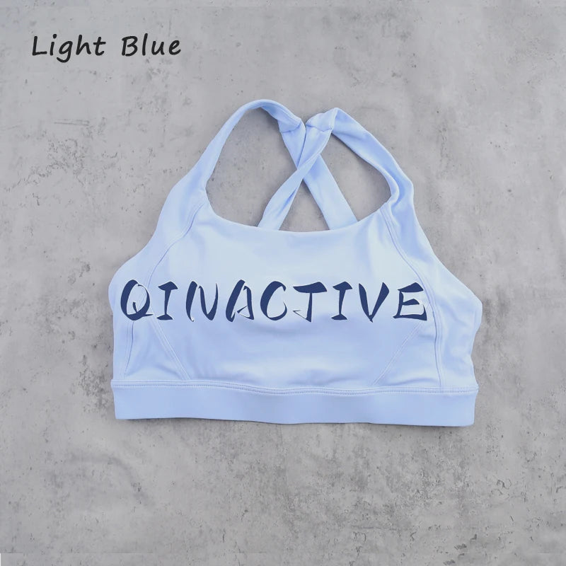 QINACTIVE Wide shoulder strap cross back sports bra, tight yoga vest, shock-absorbing Pilates running outdoor bra