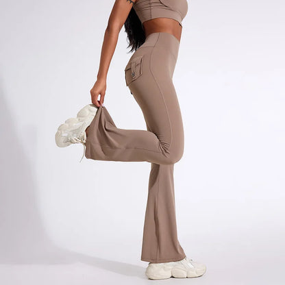 QINACTIVE Fashion Back Pocket  Flared Pants Women Tight-Fit Sexy Slim High Waist Pants Push Up Sport Fitness Flare Leggings