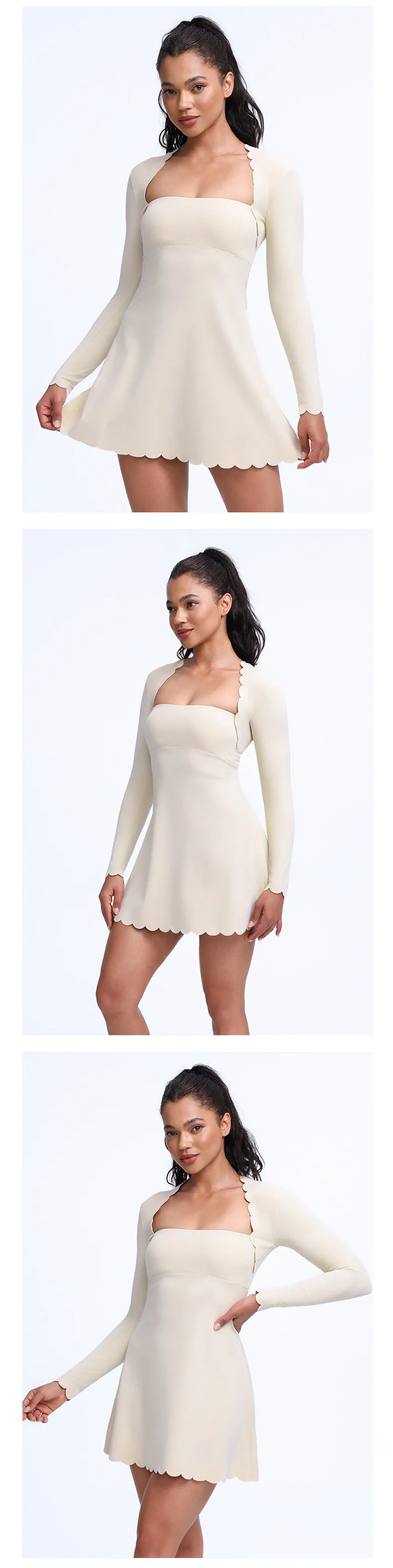 QINACTIVE Women's Shell Lace Long Sleeved Wavy Lace Golf Tennis Skirt Breathable Quick Drying Yoga One-Piece Jumpsuit