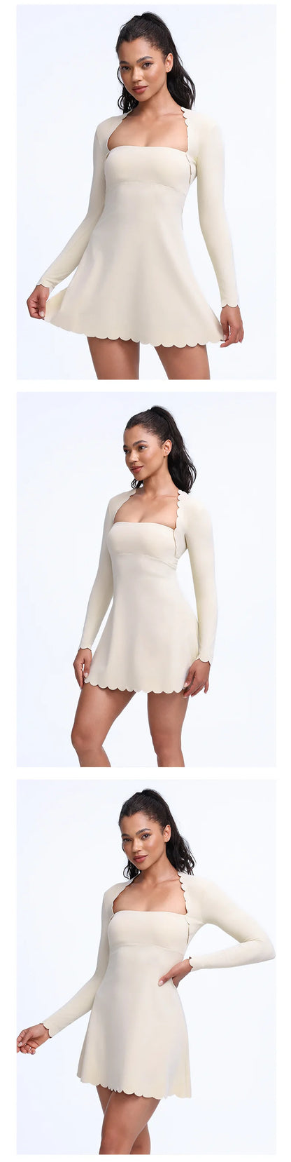 QINACTIVE Women's Shell Lace Long Sleeved Wavy Lace Golf Tennis Skirt Breathable Quick Drying Yoga One-Piece Jumpsuit