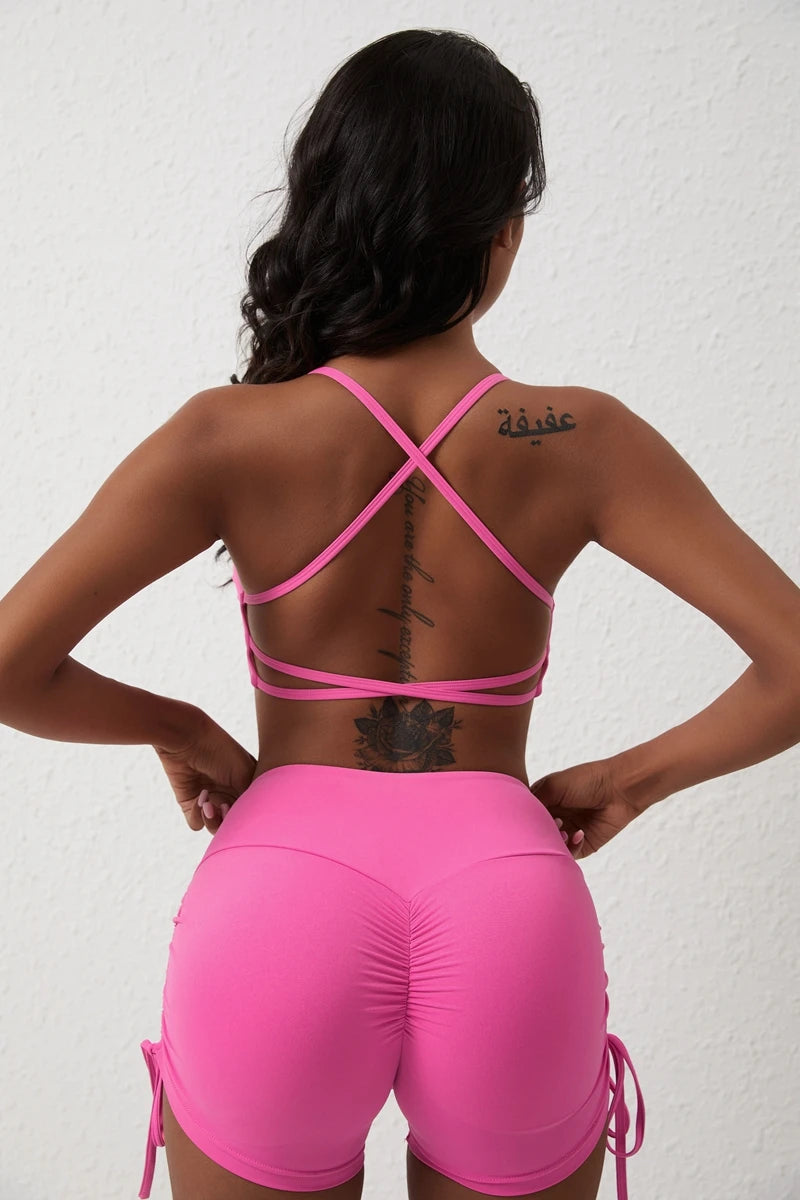 QINACTIVE Solid Low Impact Fitness Yoga Bra Crop Tank Top Women Sexy Back Cross Padded Sports Bra Workout Tops Plus Size