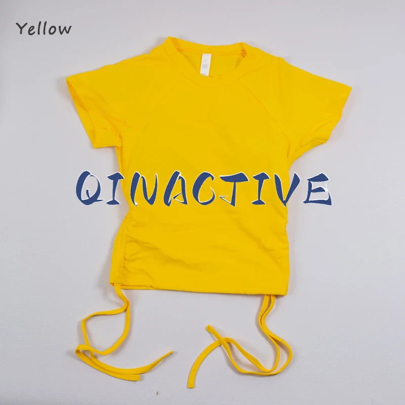 QINACTIVE Ribbed yoga short sleeved drawstring pleated yoga suit sports and fitness top women's tight yoga top