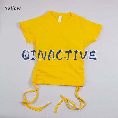 QINACTIVE Ribbed yoga short sleeved drawstring pleated yoga suit sports and fitness top women's tight yoga top