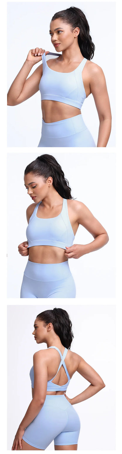 QINACTIVE Wide shoulder strap cross back sports bra, tight yoga vest, shock-absorbing Pilates running outdoor bra