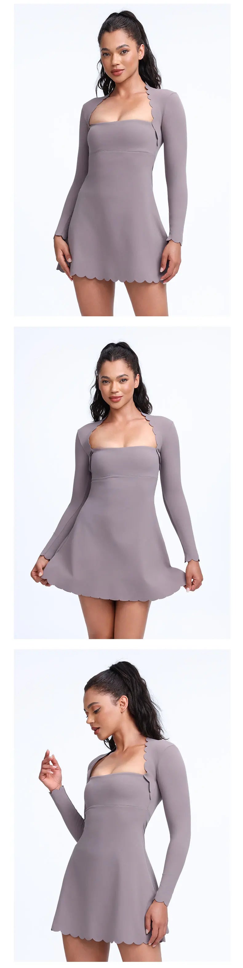 QINACTIVE Women's Shell Lace Long Sleeved Wavy Lace Golf Tennis Skirt Breathable Quick Drying Yoga One-Piece Jumpsuit