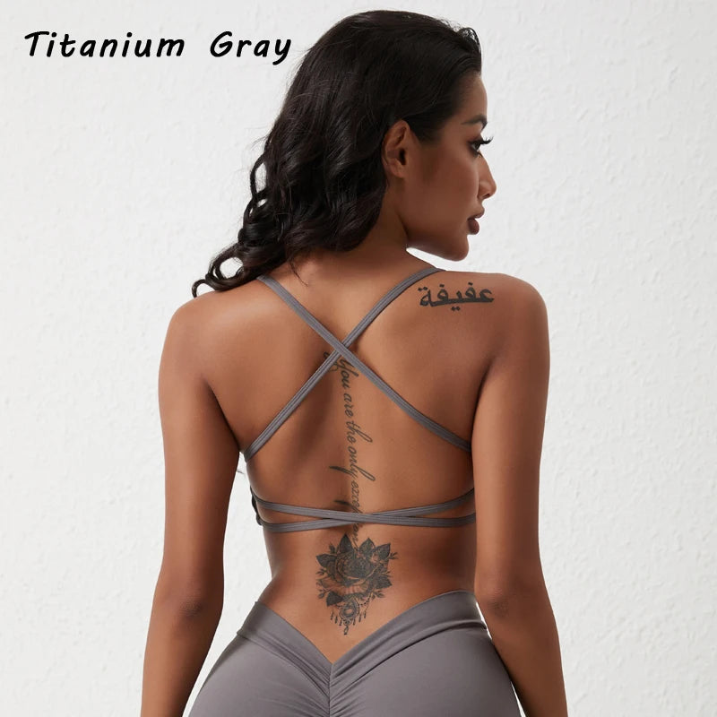 QINACTIVE Solid Low Impact Fitness Yoga Bra Crop Tank Top Women Sexy Back Cross Padded Sports Bra Workout Tops Plus Size