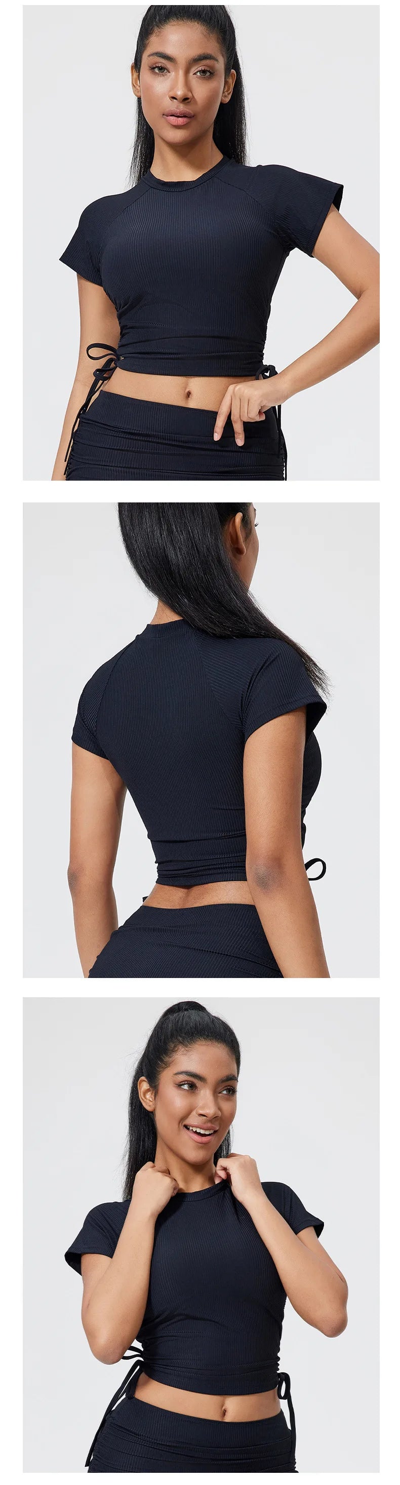 QINACTIVE Ribbed yoga short sleeved drawstring pleated yoga suit sports and fitness top women's tight yoga top