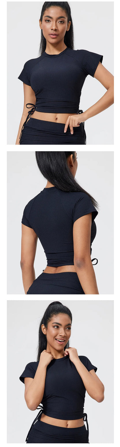 QINACTIVE Ribbed yoga short sleeved drawstring pleated yoga suit sports and fitness top women's tight yoga top