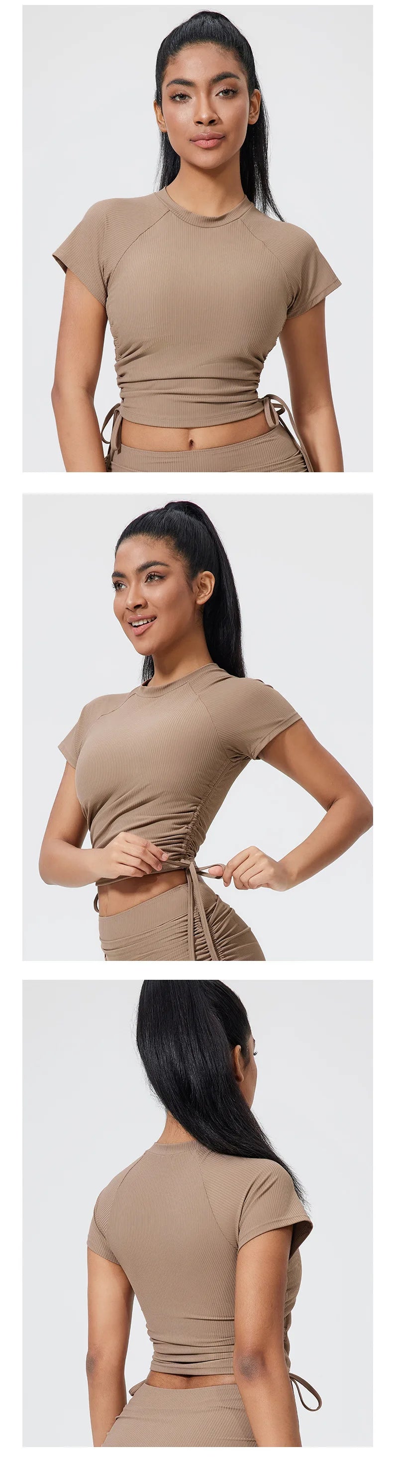QINACTIVE Ribbed yoga short sleeved drawstring pleated yoga suit sports and fitness top women's tight yoga top