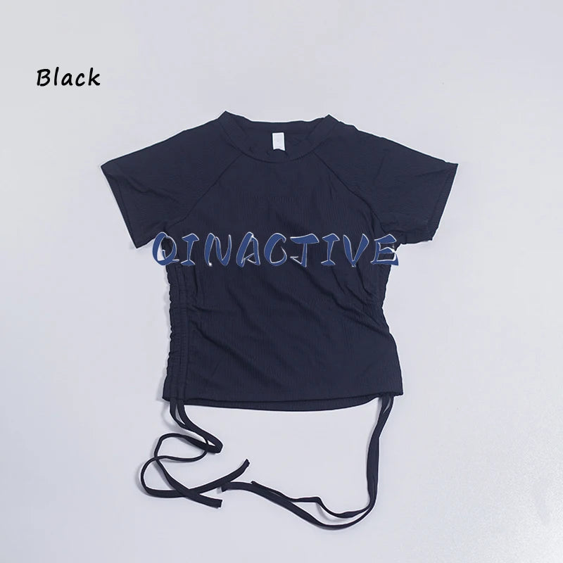 QINACTIVE Ribbed yoga short sleeved drawstring pleated yoga suit sports and fitness top women's tight yoga top