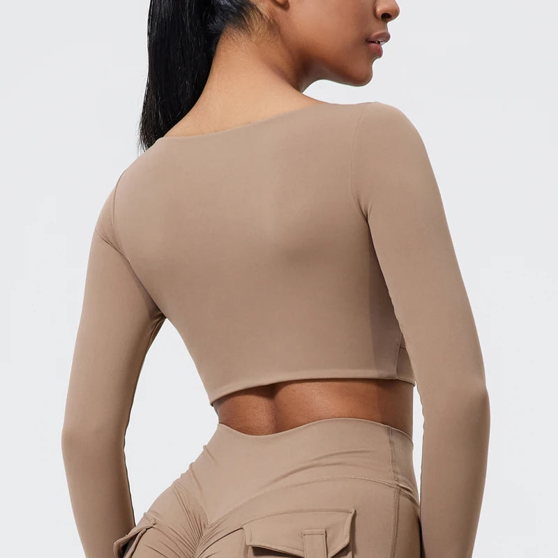 QINACTIVE Women's Nylon Top Yoga long sleeved T-shirt detachable chest cushion tight pleated sports top waist tight yoga top