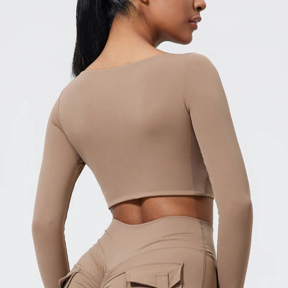 QINACTIVE Women's Nylon Top Yoga long sleeved T-shirt detachable chest cushion tight pleated sports top waist tight yoga top