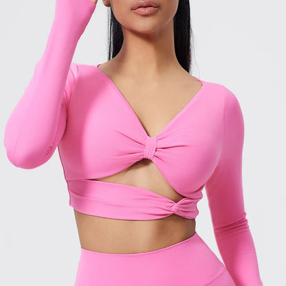 QINACTIVE Women's Nylon Top Yoga long sleeved T-shirt detachable chest cushion tight pleated sports top waist tight yoga top