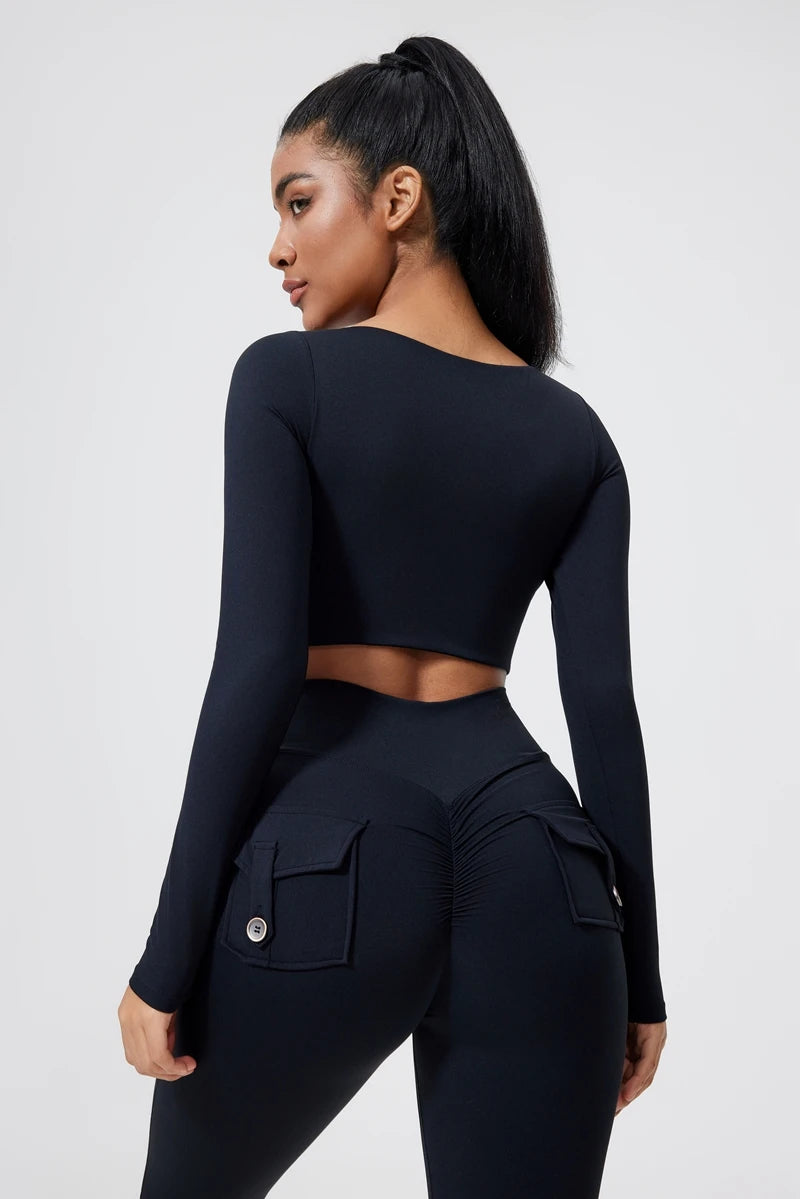 QINACTIVE Women's Nylon Top Yoga long sleeved T-shirt detachable chest cushion tight pleated sports top waist tight yoga top