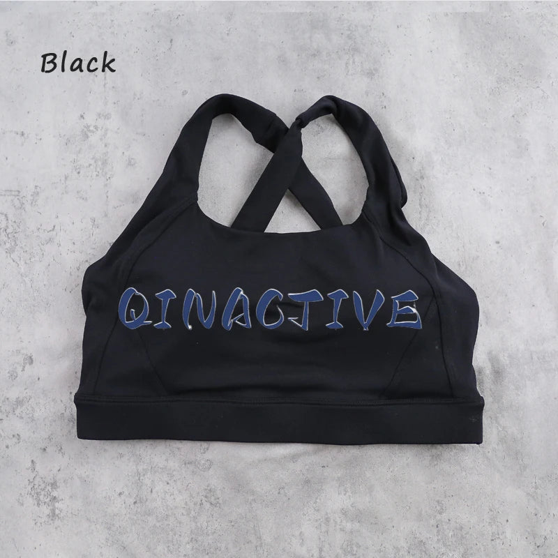QINACTIVE Wide shoulder strap cross back sports bra, tight yoga vest, shock-absorbing Pilates running outdoor bra