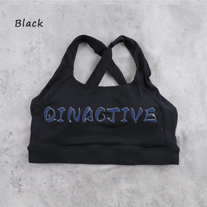 QINACTIVE Wide shoulder strap cross back sports bra, tight yoga vest, shock-absorbing Pilates running outdoor bra