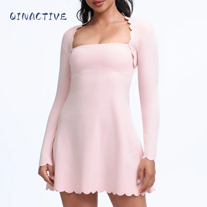QINACTIVE Women's Shell Lace Long Sleeved Wavy Lace Golf Tennis Skirt Breathable Quick Drying Yoga One-Piece Jumpsuit